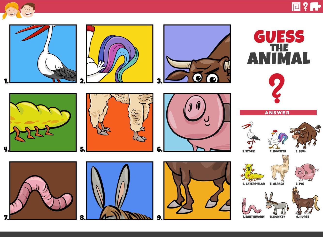 Adivinha o jogo educacional de personagens de desenhos animados para  crianças 8102038 Vetor no Vecteezy